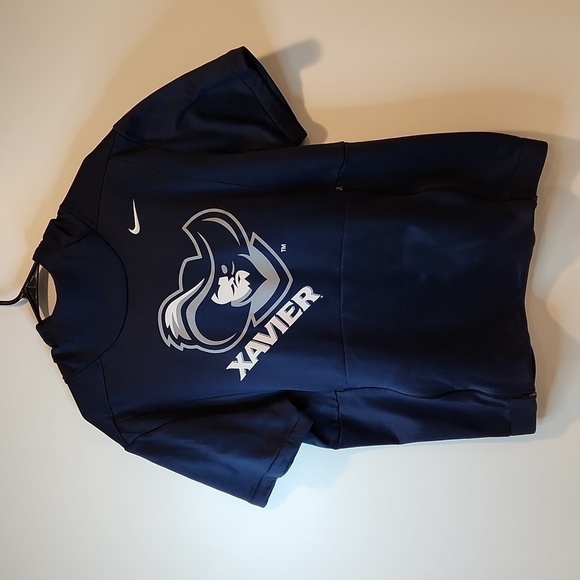 Nike Xavier Musketeers Dri-Fit Short Sleeve Long Neck Hoodie Men's Sz L EUC NICE - Picture 1 of 12